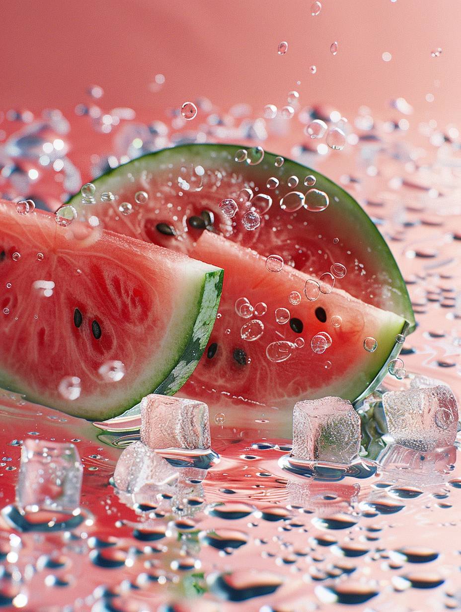 Food photography, three slices of cut watermelon lying in ice water with 3 different sizes of ice cubes and bubbles in the water, pink background, soft lighting, Hasselblad camera professional photography