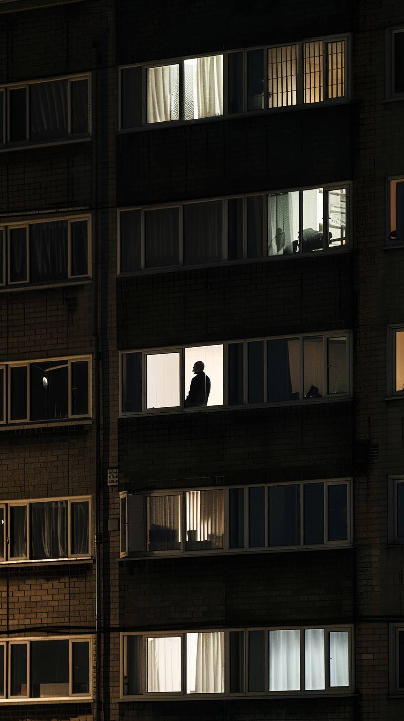 夜の時間、人がロンドンの公営住宅の最上階の窓辺に立っていた。