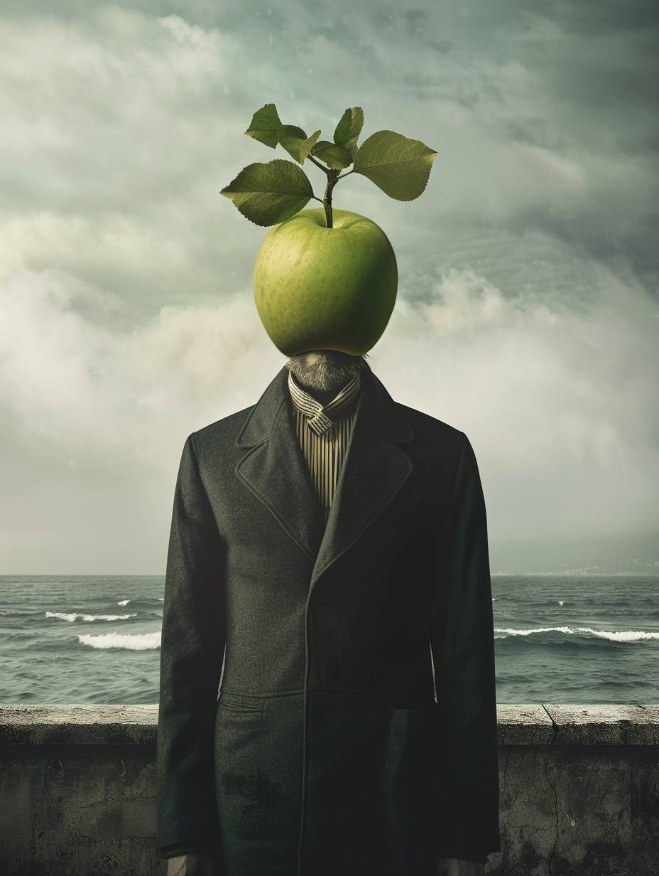 The UHD shows a man in a dark overcoat and a bowler hat standing in front of a low wall overlooking the sea. His face is largely obscured by a hovering green apple, which has a few leaves attached to its stem. Only parts of his eyes are visible peeking out from behind the apple. The background is a cloudy sky. The man appears to be standing still with his hands at his sides, futuristic dreamy, sunshine, warm colors, UHD, shot on Canon R5 50 1,8, UHD, aspect ratio 3:4, style raw, v 6.0.