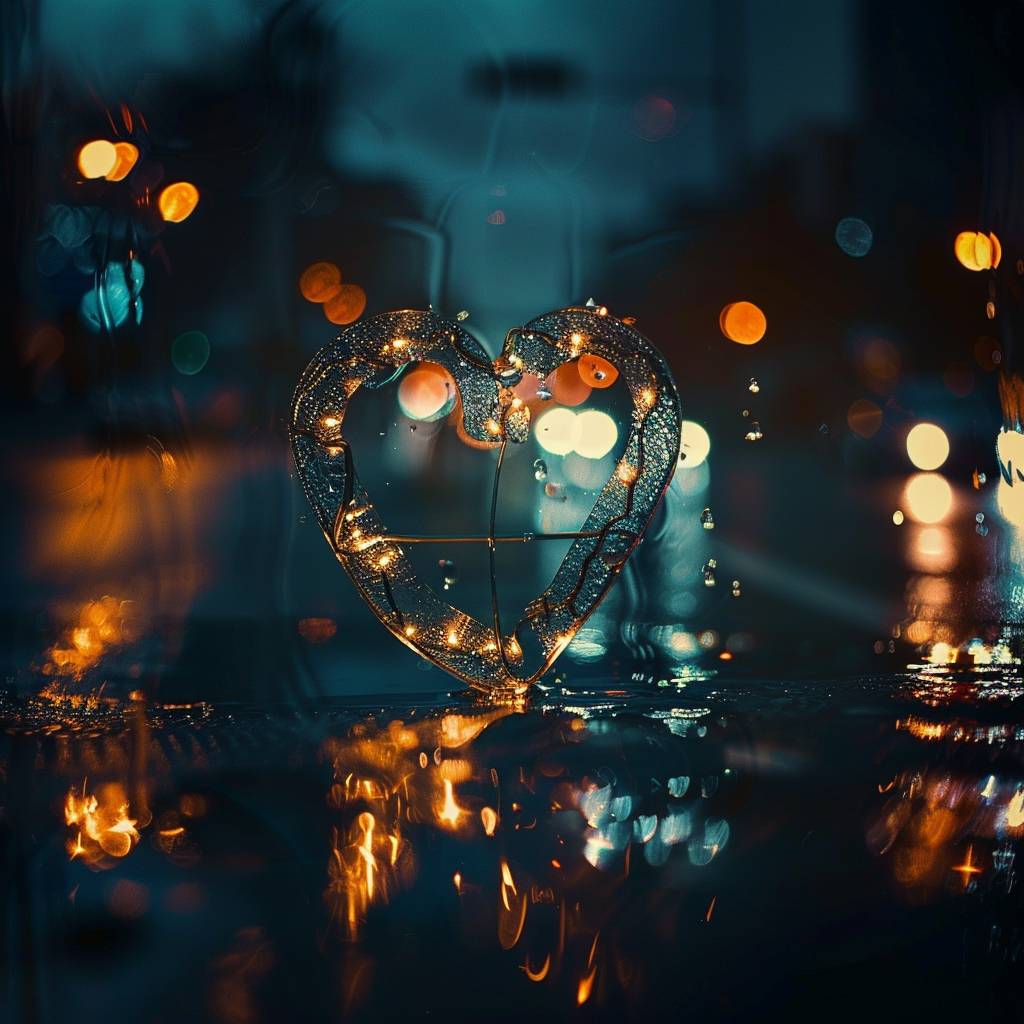 Against a dark background with a mysterious atmosphere and cool tones with high contrast, as if captured with a telephoto lens, in a night scene with light and shadow effects. Light shining through neon lights in the style of night street, night heart bokeh, light leak.