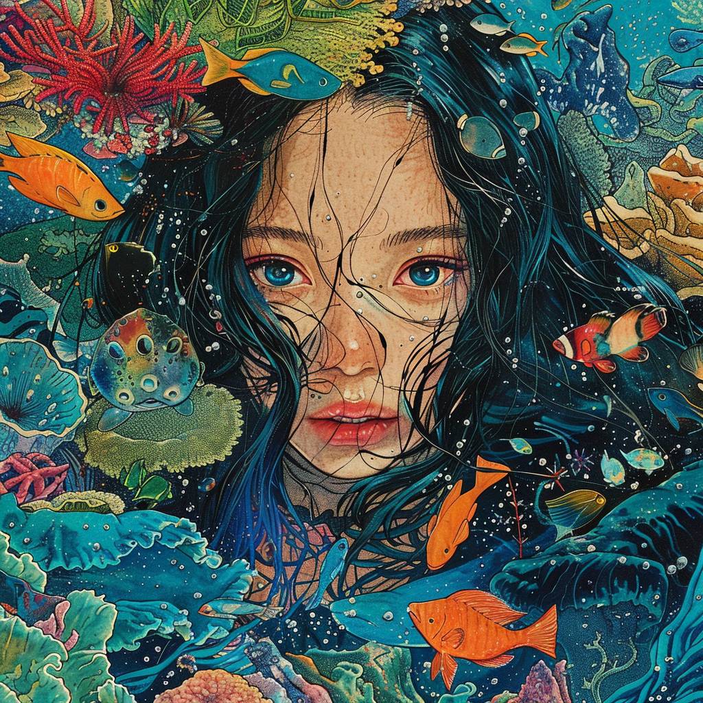 An enigmatic Asian woman with long dark hair and blue eyes, surrounded by vibrant marine life in the ocean depths, in the style of Katsuya Terada. The background features v6.0