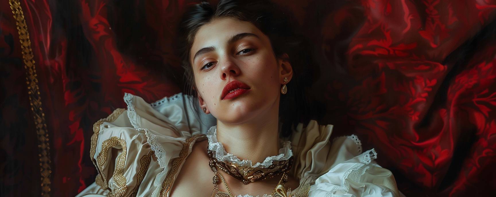 [Artist] painted in an elegant Renaissance outfit. [artist description]. The background of the painting contains dark hues in a classical oil portraiture style of renaissance art, cinematic lighting, hyper-realistic, elegance and grandeur typical for historical portraits --ar 5:2 --v 6.0