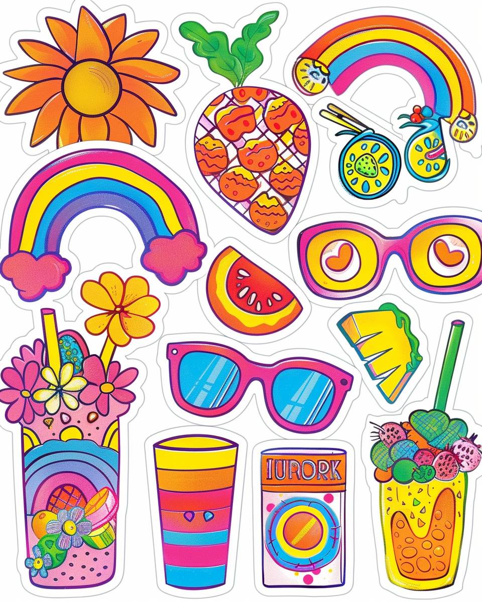 12 neon doodle stickers for teen girls, featuring kawaii, cute doodles including hearts, rainbows, flowers, sunglasses, beach and sun, smoothies, ice cream, vivid colors and white border