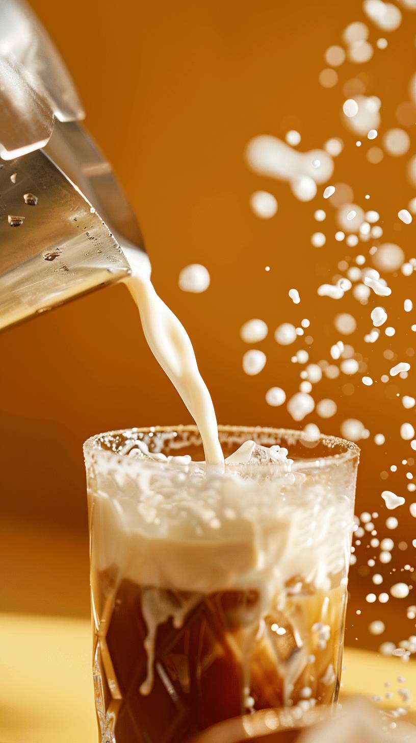 A close-up of milk being poured from a small stainless steel milk frother jug onto an iced coffee. The background is a yellow wall, and it's bright daylight. The image style is modern and minimalist, yet it looks refreshing and appetizing.