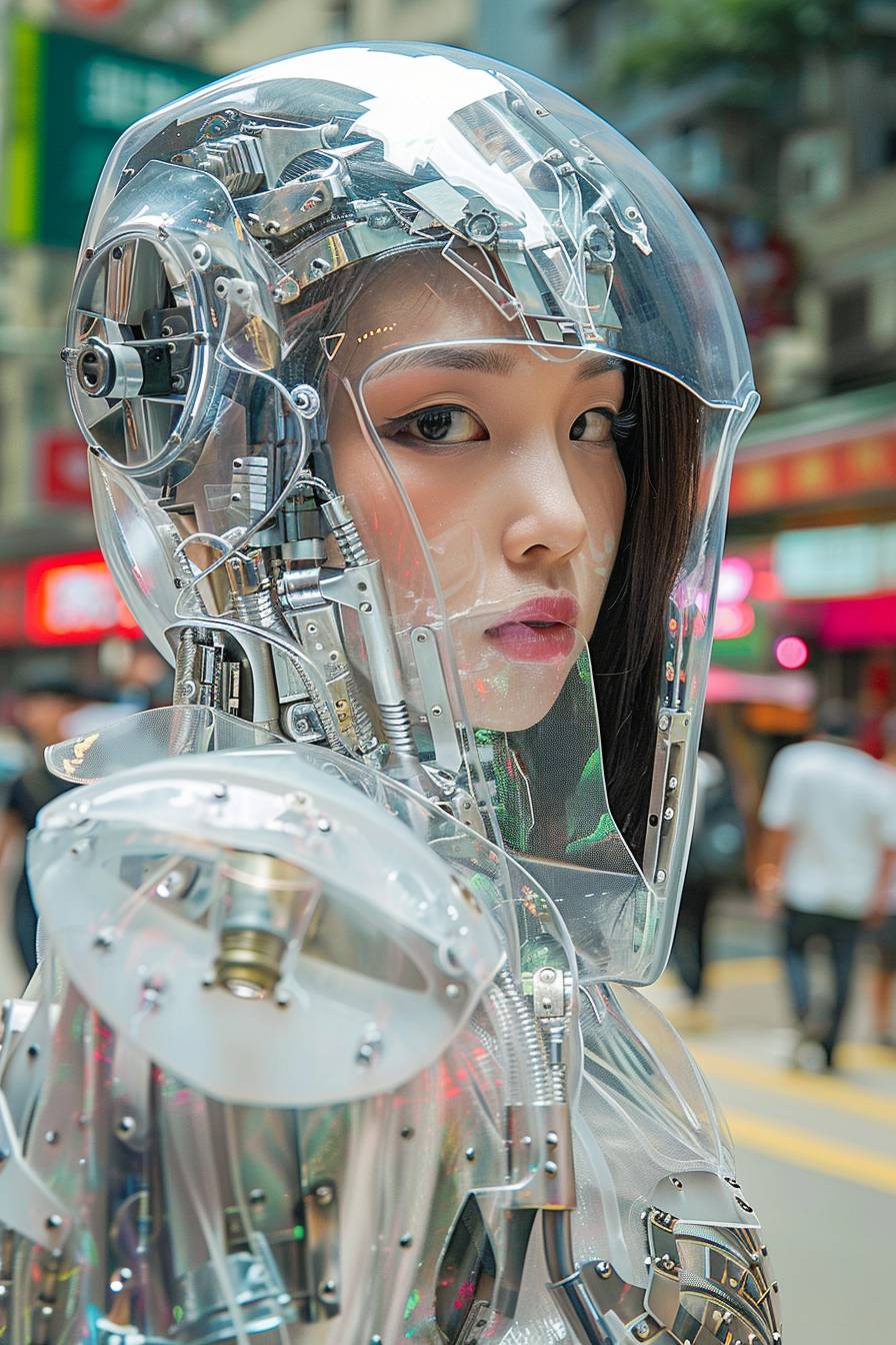 클리어 글라스 헬멧을 쓴 아름다운 사이보그 공주가 홍콩 거리에 서 있으며 경련감 있는 갑옷을 입고 있으며 칼을 들고 슬픈 눈으로 보고 있습니다.