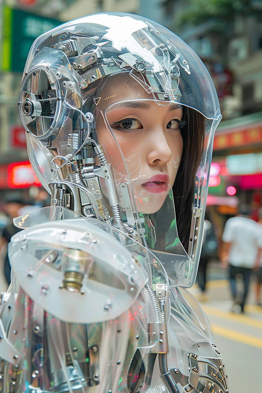 A beautiful cyborg princess wearing a clear glass helmet, she stood on the streets of Hong Kong in a light textured costume of mechanical steel, sword in hand, with sad eyes.