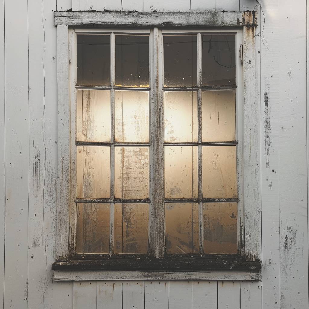 An old farm white wall seen from inside, wooden window with glass, night outside.