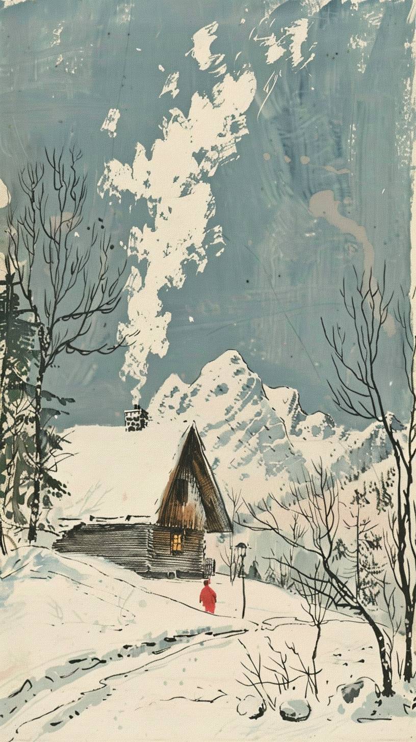 A cozy, snow-covered mountain cabin, with smoke rising from the chimney, surrounded by a peaceful winter landscape.