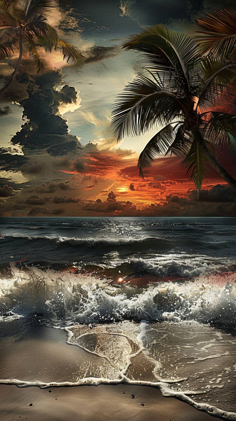 A serene, tropical beach at sunset, with gently swaying palm trees, soft waves, and a sense of peace and tranquility