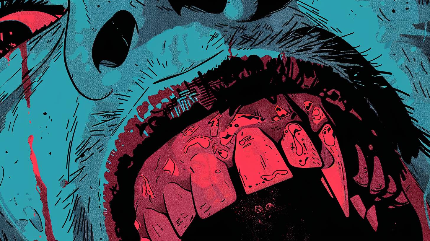 Close up of a vampire [creature] | fangs showing | Machinepunk | modern flat SVG Moebius pulp comic art | low saturation cyan and garnet colors