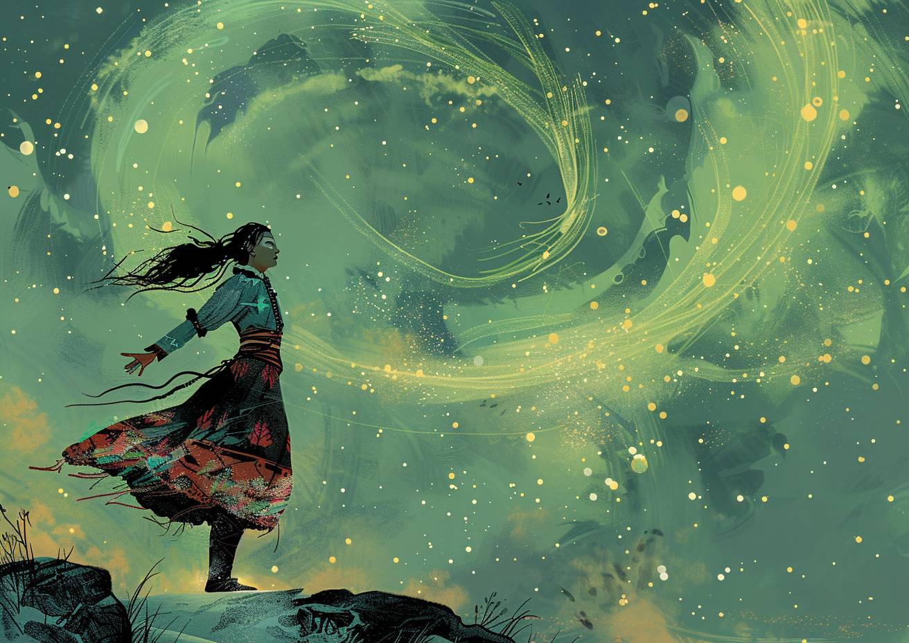 Comic book illustration, an Inuit woman dances on the tundra, muted colors, dynamic lines, swirling aurora lights --ar 7:5 --stylize 250 --v 6.0