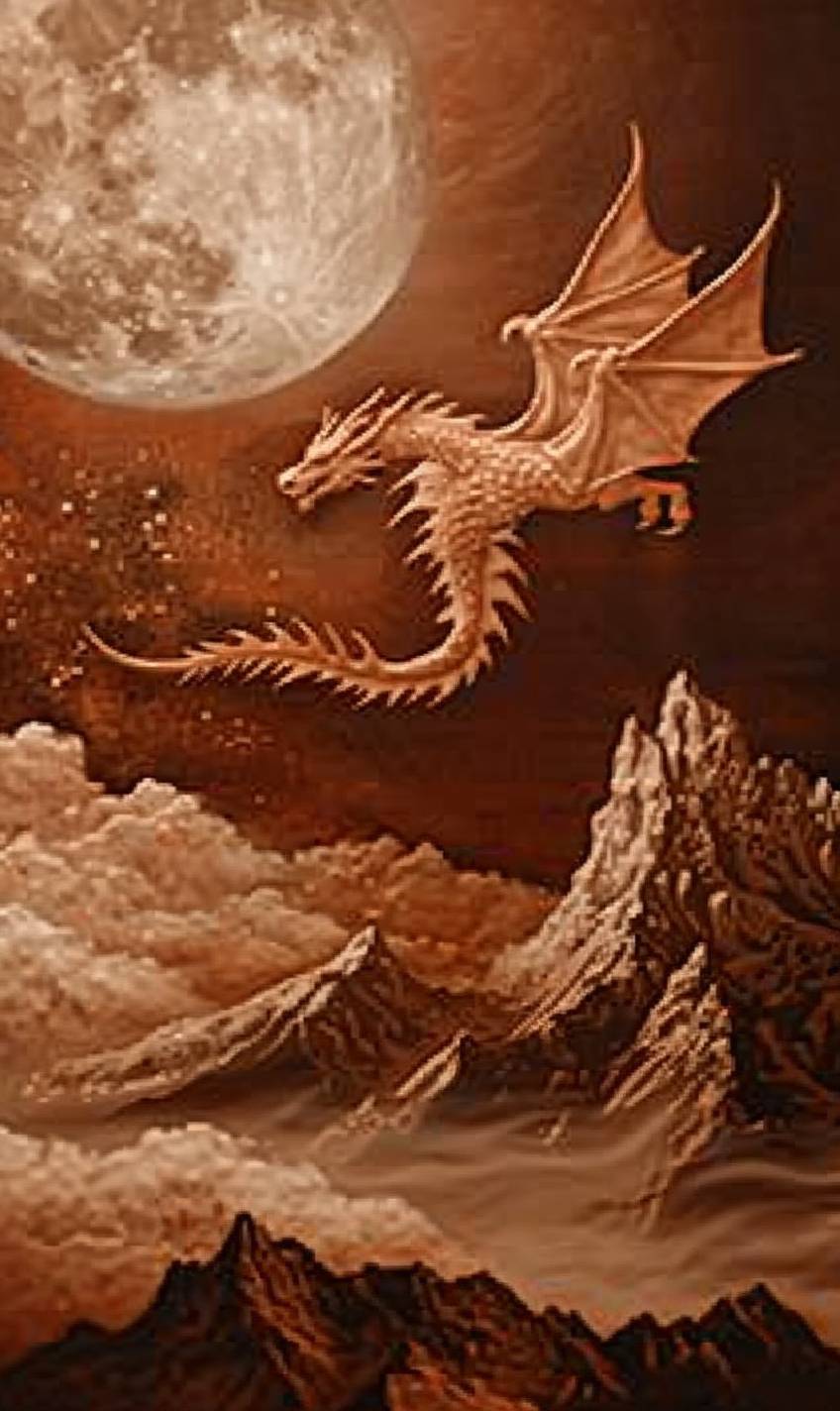 A mystical dragon is flying over a moonlit mountain range. The dragon's scales shimmer in the moonlight, and ethereal clouds and stars fill the sky.