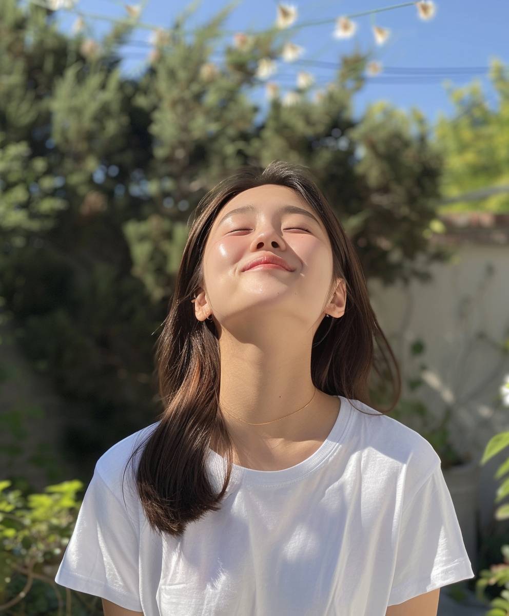 Korean girl, smiling and looking up at the sky with her eyes closed in an outdoor garden setting, white t-shirt, neck pain expression, daylight, posted on TikTok video from phone camera --ar 53:64 --v 6.0