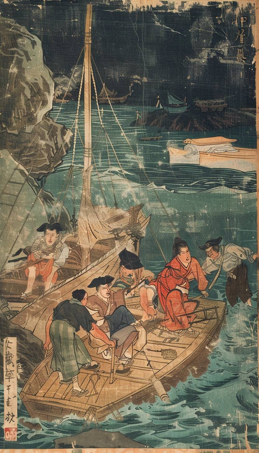 In the style of Kitagawa Utamaro, a pirate crew uncovering buried treasures on an island --ar 4:7  --v 6.0