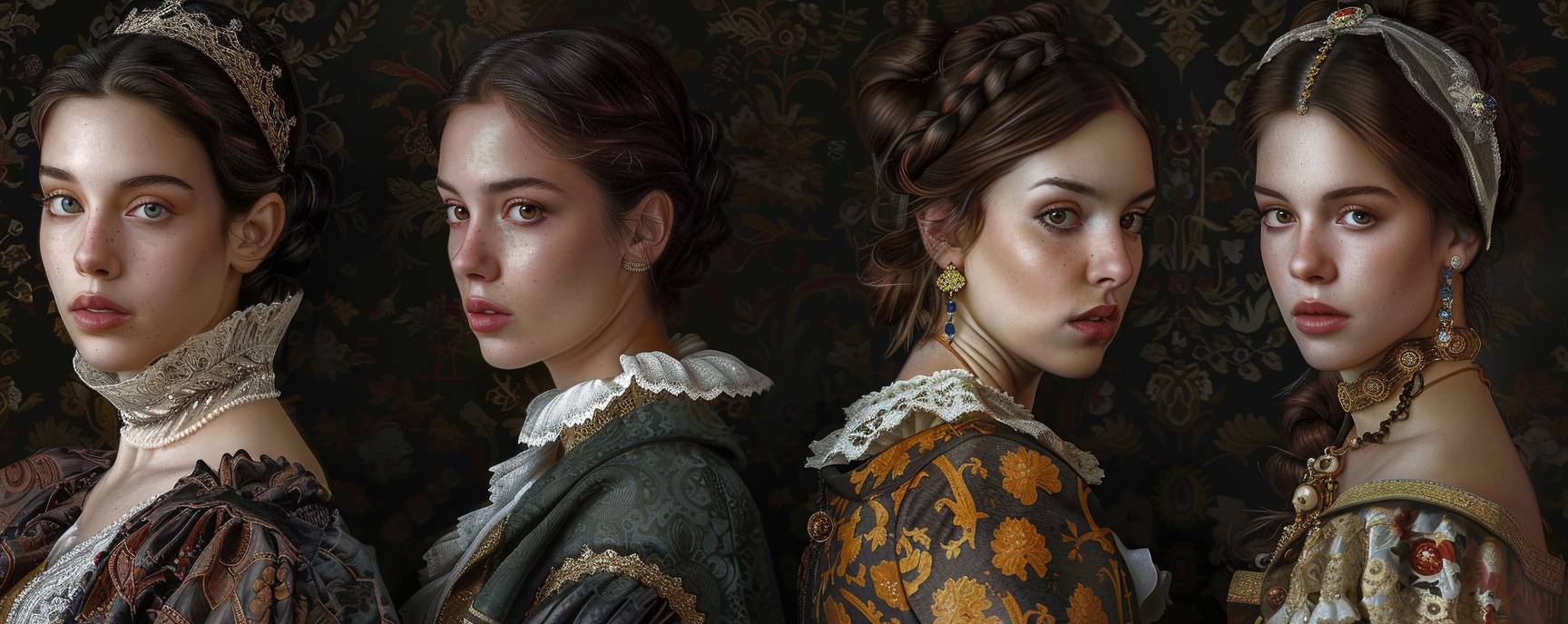 [Artist] painted in an elegant Renaissance outfit. [artist description]. The background of the painting contains dark hues in a classical oil portraiture style of renaissance art, cinematic lighting, hyper-realistic, elegance and grandeur typical for historical portraits --ar 5:2 --v 6.0