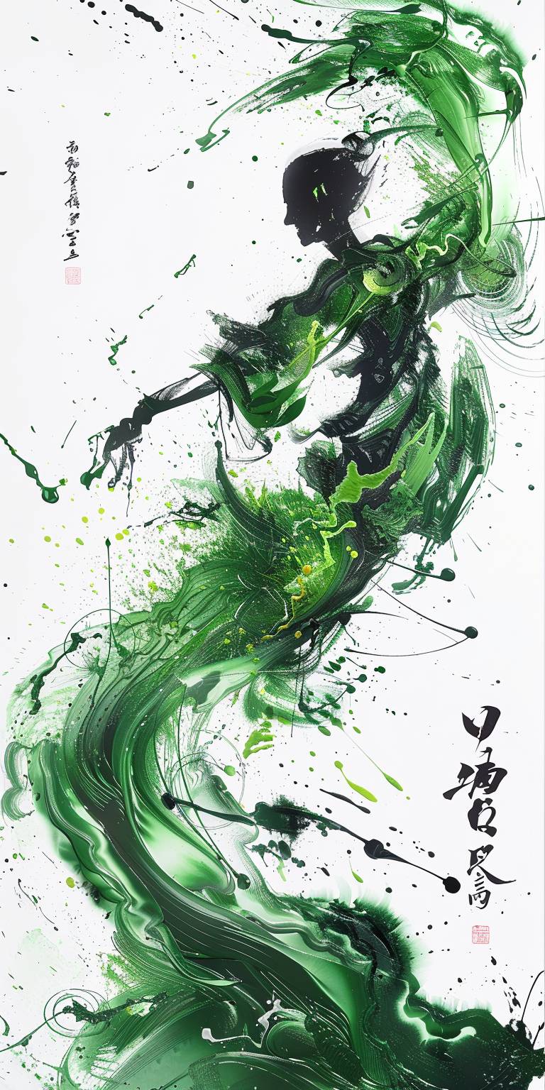 Wind state, water flow element of the faucet, fluorescent green, abstract figure, Chinese elements, fine brushwork, conflict, 2D graphic, art design