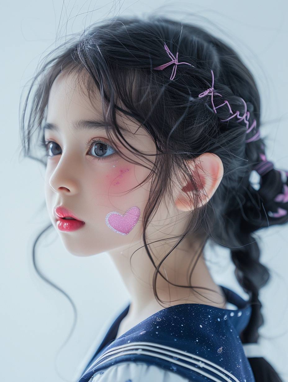 A 9-year-old Chinese girl with delicate and cute makeup, big eyes, a smiling face, pink and purple eyeshadow, pink blush, and purple lipstick. She has a pink heart painted on her cheek and black bobbed hair, wearing a sailor suit and new jeans style with a white background. The close-up shot captures her delicate skin and super detail.