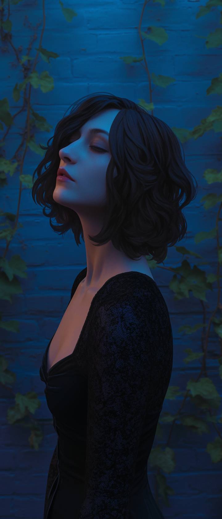 Brunette woman facing the camera against a brick wall with ivy at night, wearing a black dress, with blue lighting and touches of green and soft purple, creating a sad atmosphere evoking nostalgia