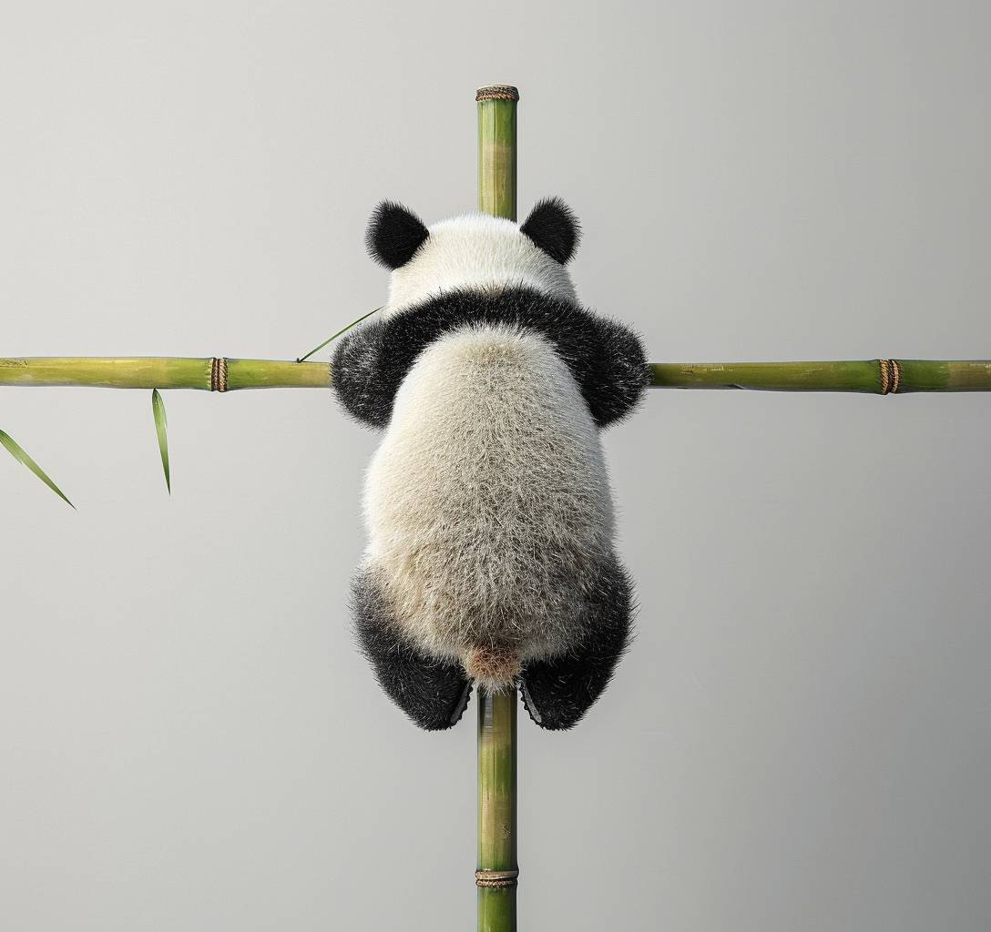 Back view, panda's back, panda sculpture hanging from a horizontal bamboo pole with its back to the camera hands, black and white colour scheme, geometric, minimalist design, simple shapes, 3D model, realistic physics engine, realistic -ar 31:29 -iw 1.5 -v 6.0