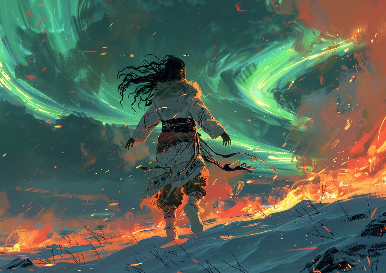 Comic book illustration, an Inuit woman dances on the tundra, muted colours, dynamic lines, swirling aurora lights