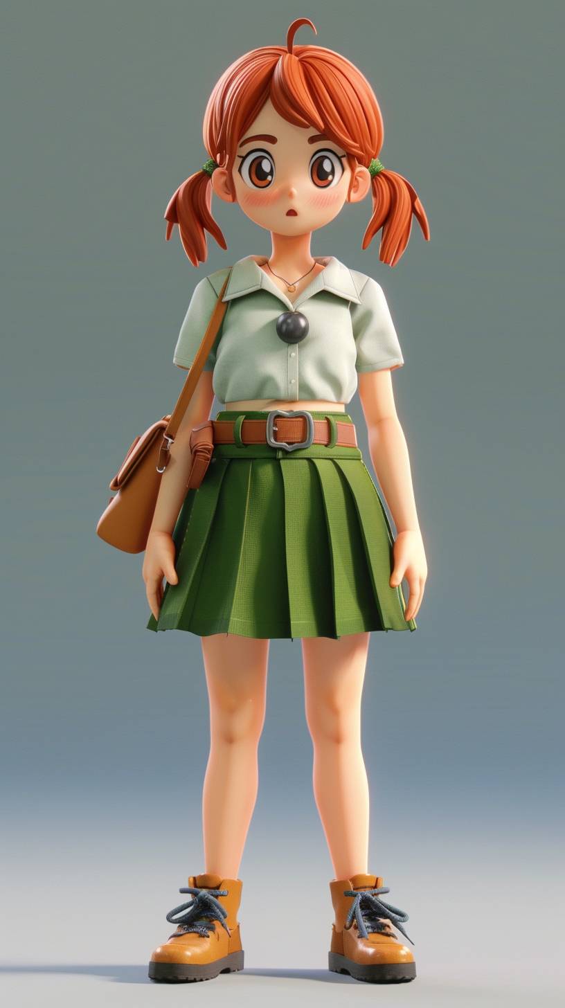 Yotsuba Nakano wearing a short skirt, designed in 3D Pixar and Disney style, with a simple and clean background