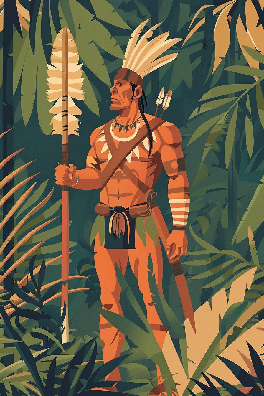 In the style of Henri Rousseau, warrior character, full body, flat color illustration