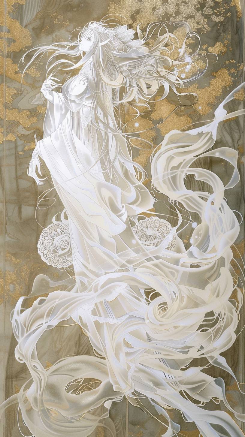Like a goddess, ghost, White, gold, fantasy, Lines are thin and narrow, watercolor, high resolution, Yoshitaka Amano