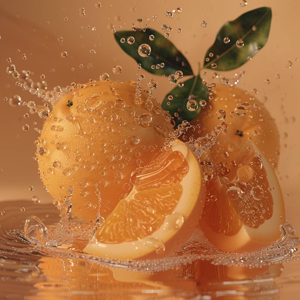 Orange and water photography, light orange background, surreal still life photography, macro shot tropical fruits, translucent textures, rendered in ZBrush style, anime aesthetic, fairy tale core, sparkling water droplets, specular reflection, gorgeous colors, 8K, UHD