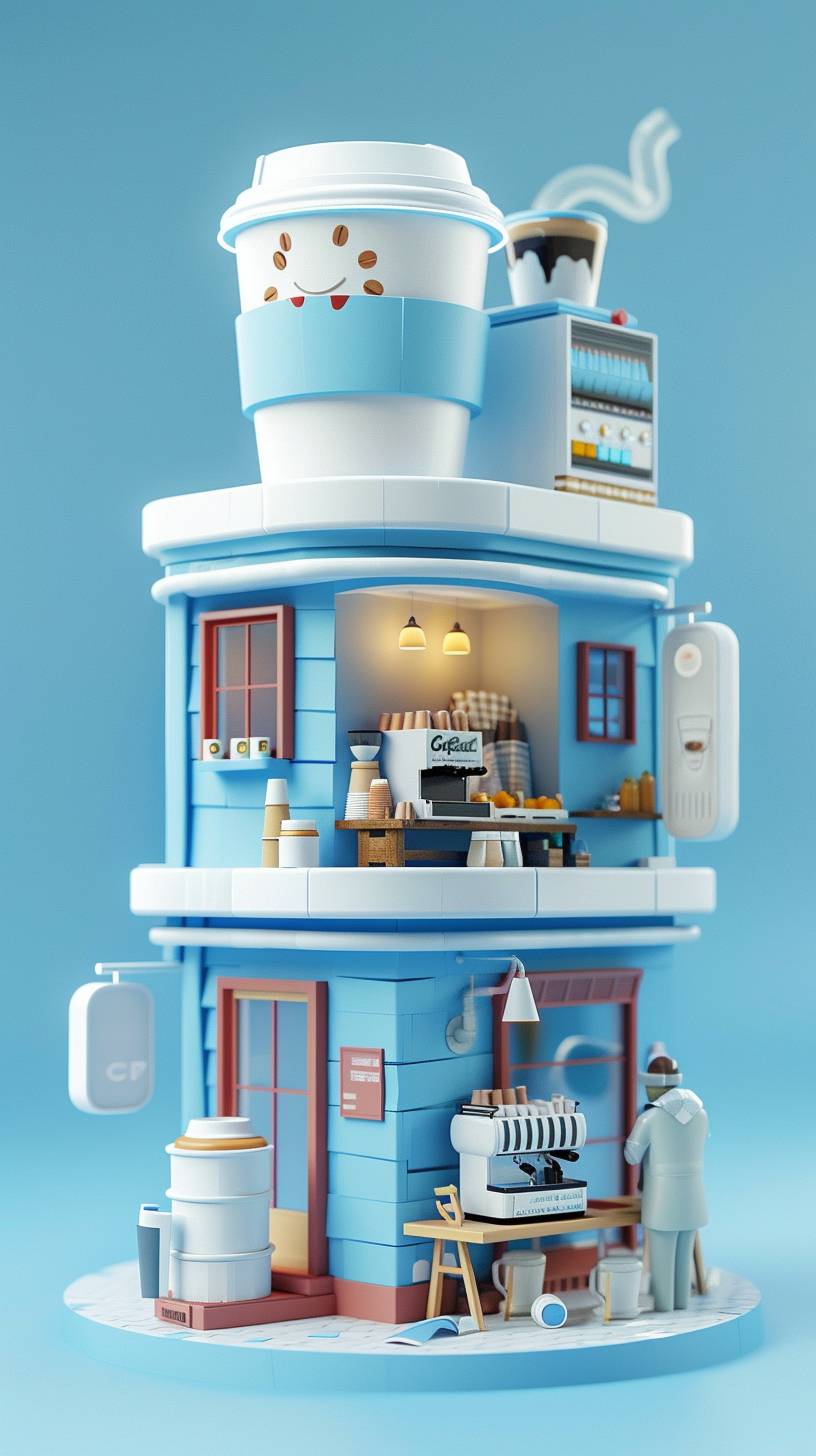 紙コップの形をした建物で、二階建てのコーヒーショップがあり、ワークベンチにコーヒーマシンが置かれ、忙しい店員がいる。C4Dモデリング、UHD、高い詳細度、高品質、白と青の背景--ar 9:16 --v 6.0
