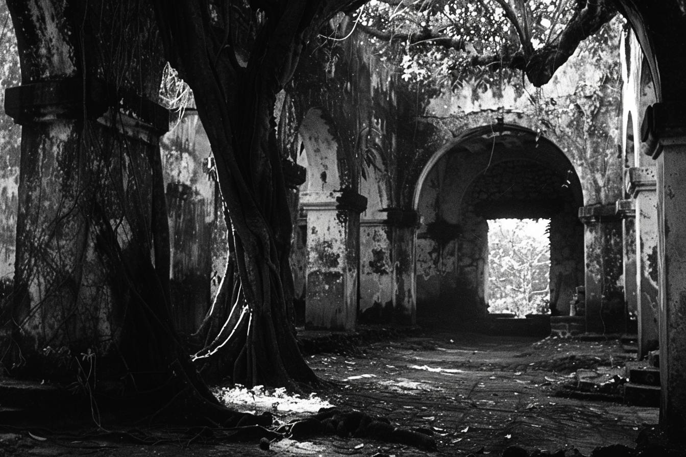 Romantic ruins, vintage photography, chiaroscuro, Guatemalan art, passage, panorama, 1970-present, Romanesque art