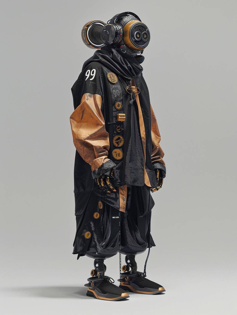 Hybridization of a human and a robot fruit exotic head with metallic bone structure with multi-color matte powder coating, the clothing of the character is dressed like a monk, in a new Asian style, with several embroidered patches in black with gold threading and the number "99"