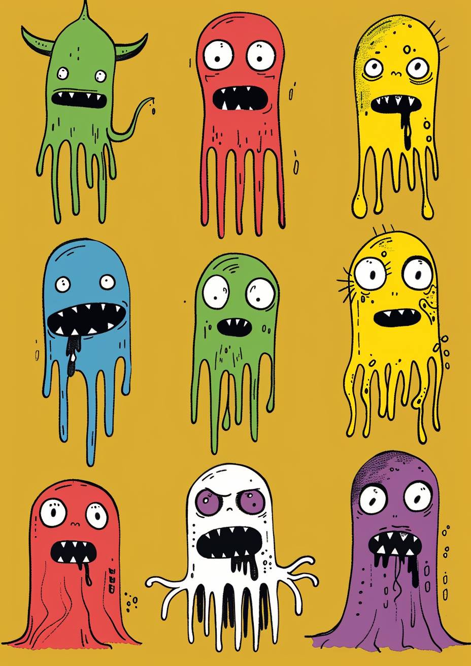 9 types of different colors cute aliens by Allie Brosh