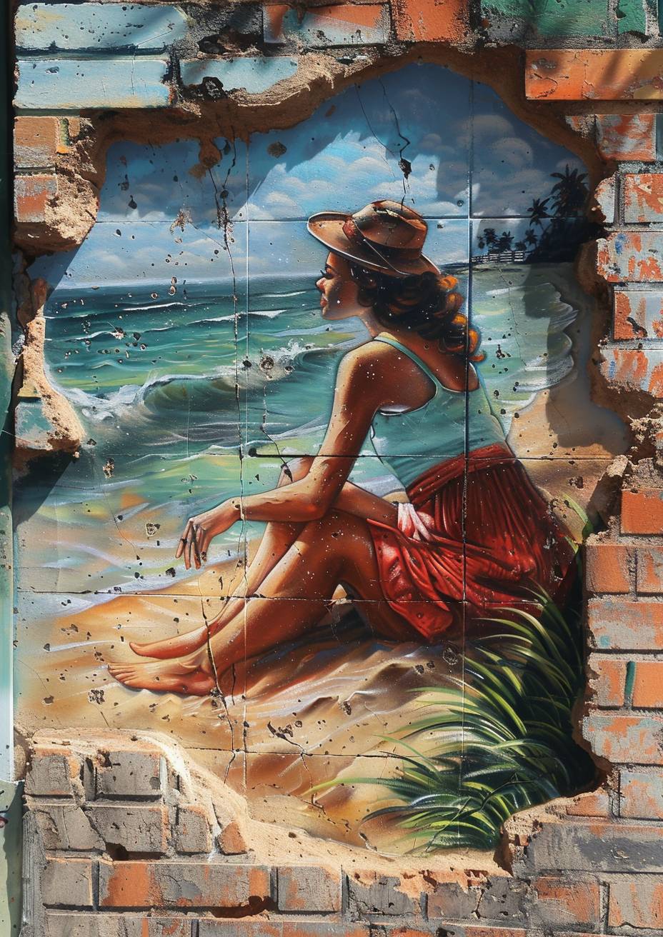 Forced perspective 3D chalk art on a brick wall, a 1960s girl at the beach, high key colours
