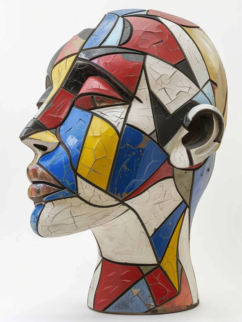 This is a sculpture of a woman's head made from geometric shapes, featuring vibrant colors and intricate patterns inspired in the style of Piet Mondrian. The facial features should be simplified yet expressive with bold lines, white background, with high resolution.