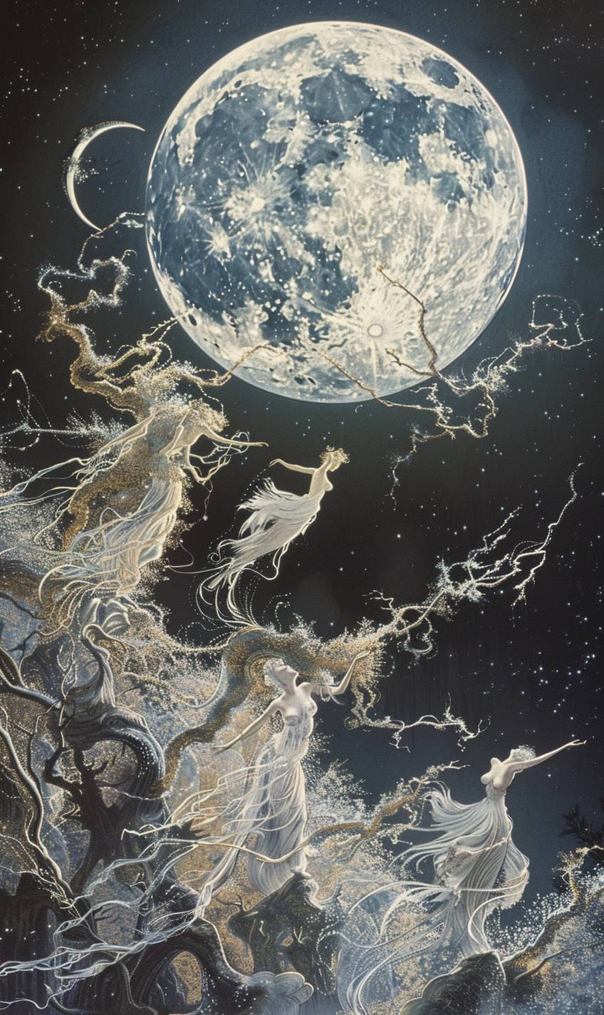 in style of Hajime Sorayama, Ethereal beings dancing under the moonlight
