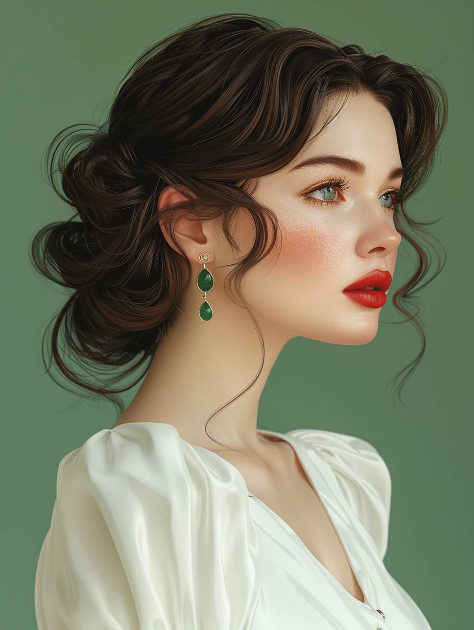 アボカドグリーンの背景に女の子をフラットなイラストで描いた、ミニマリストアート、白いドレス、赤い口紅、魅惑的な眼差し、緑のヴィンテージイヤリング、プロフィールビュー、柔らかい照明、静かなトーン、静かな雰囲気。
