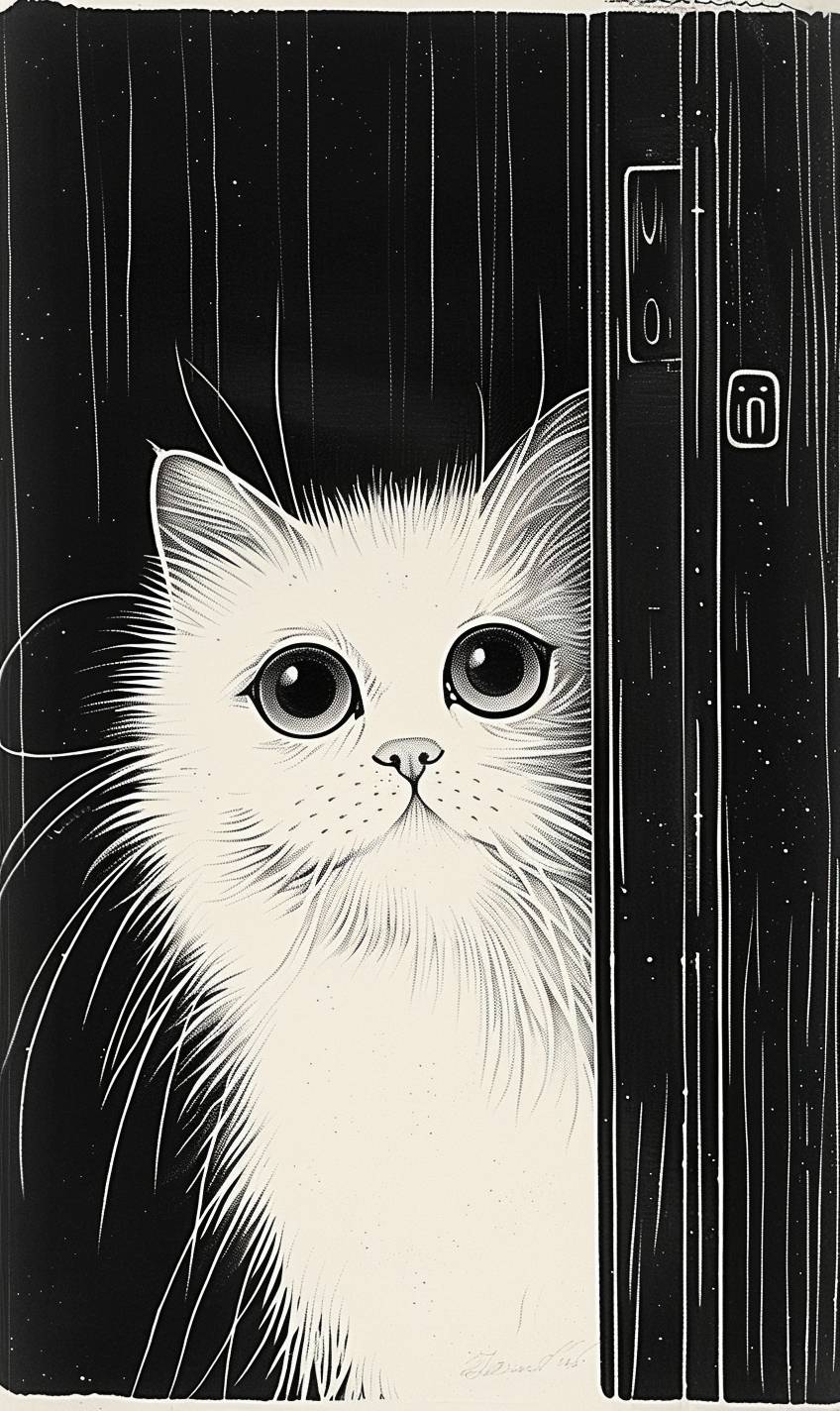 Aubrey Vincent Beardsley: A white, low-nosed, round-eyed Persian cat curiously peeking out of a fitting room with a long curtain