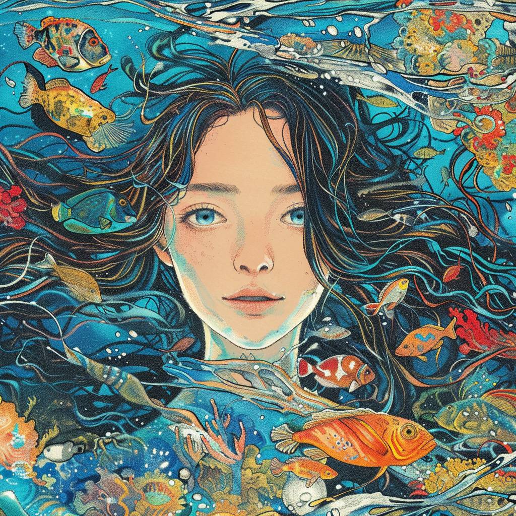 An enigmatic Asian woman with long dark hair and blue eyes, surrounded by vibrant marine life in the ocean depths, in the style of Katsuya Terada. The background features v6.0