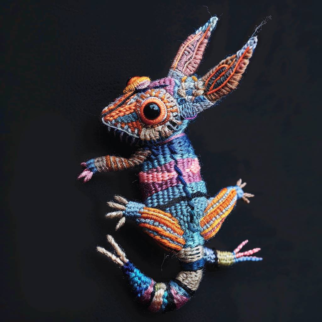 Tiny colorful Embroidery creature black background