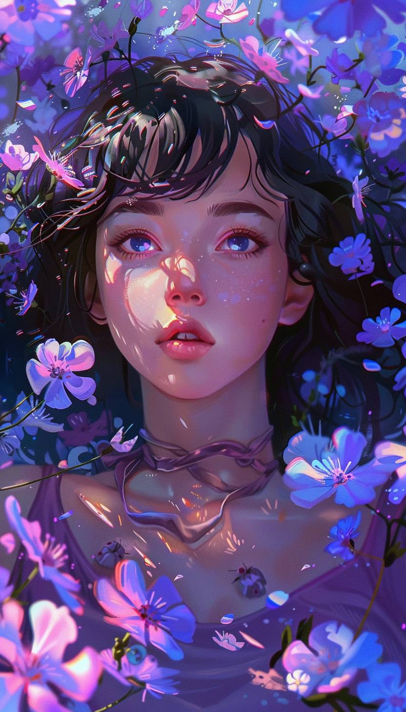 In the style of Ilya Kuvshinov, a mystical garden blooming with enchanted flowers