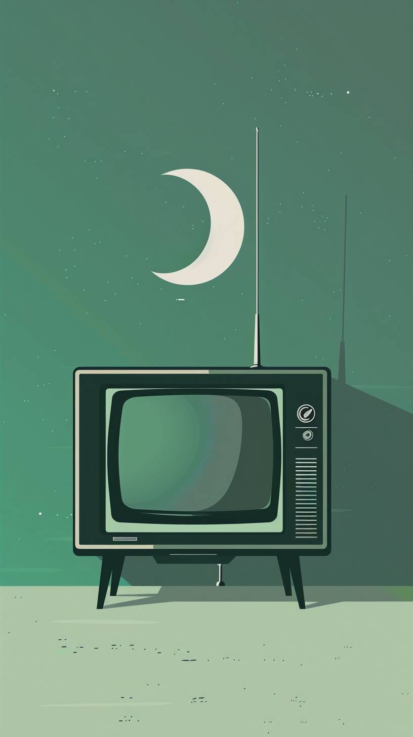 半円の月が上部にあるテレビを描いたフラットなイラストで、光り輝く緑色に囲まれ、見出しの引用文のための空間があります。背景はエメラルドライトグリーンの色調です。このイラストのスタイルはミニマリストのアジアのアーティストのスタイルです。