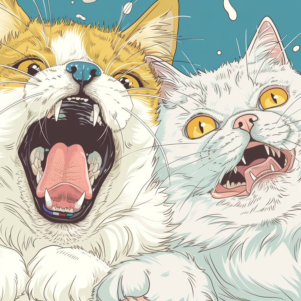 A all white Shiba Inu and a Persian cat with yellow eyes and a Persian cat with one yellow eye and one blue eye and a white Pomeranian are celebrating in office, with a ligne claire style, close-up, line work, concise and vibrant, dull color, impressive, graphic, cartoon illustration, detailed.