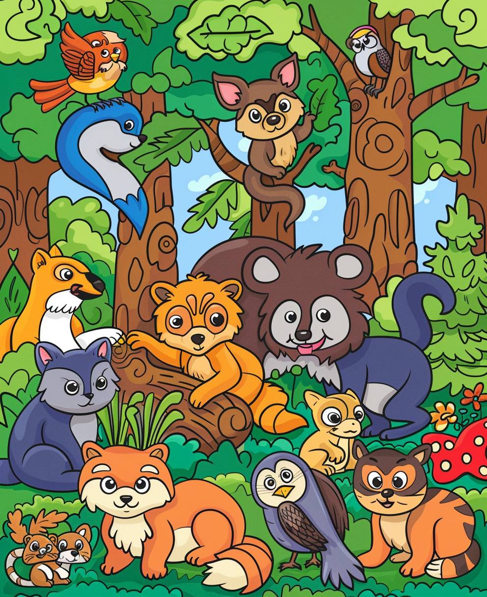 Animal coloring book cover page, cartoon style, low detail, vivid color.