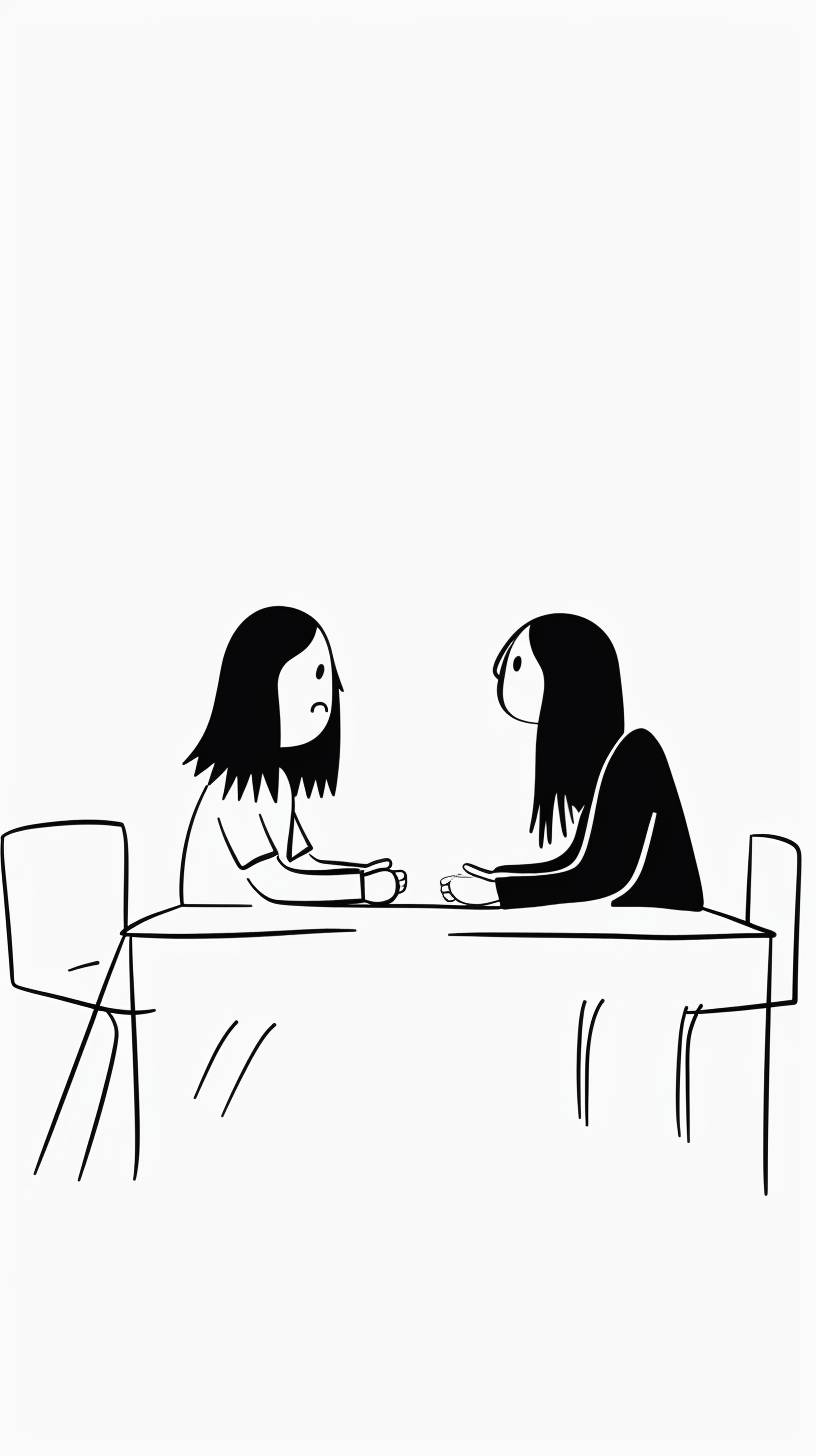 シンプルなカートゥーン画、テーブルには2人の人物がいます。一人はロングヘアで話している男性で、もう一人はイライラした表情をしている男性です。背景は白で、シンプルな線で描かれ、ミニマリストのスタイルです。キャラクターはスティックフィギュアのように描かれています。