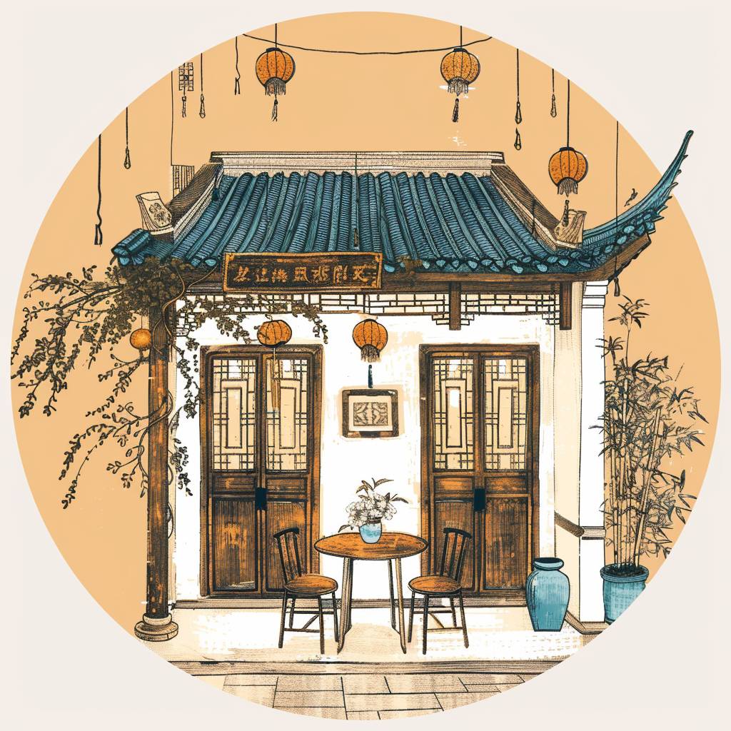 Design a simple doodle with Chinese elements as the theme, portraying the tranquil elegance of a guesthouse.