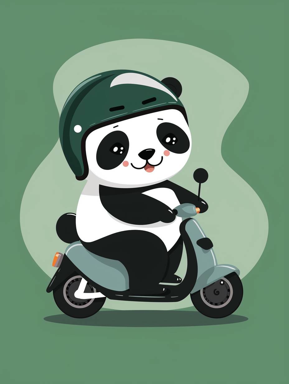 可愛いパンダが電動スクーターに乗って、ヘルメットとカジュアルウェアを着用し、緑の背景に、シンプルでフラットなベクトルイラストスタイルで、黒いアウトラインで描かれています。影やテキストや文字はありません。単純なカラーブロックを使用しています。全体の体は孤立した白い背景に中央に配置されています。中国の古典的なアートにインスパイアされたミニマリストスタイルです。高解像度です。
