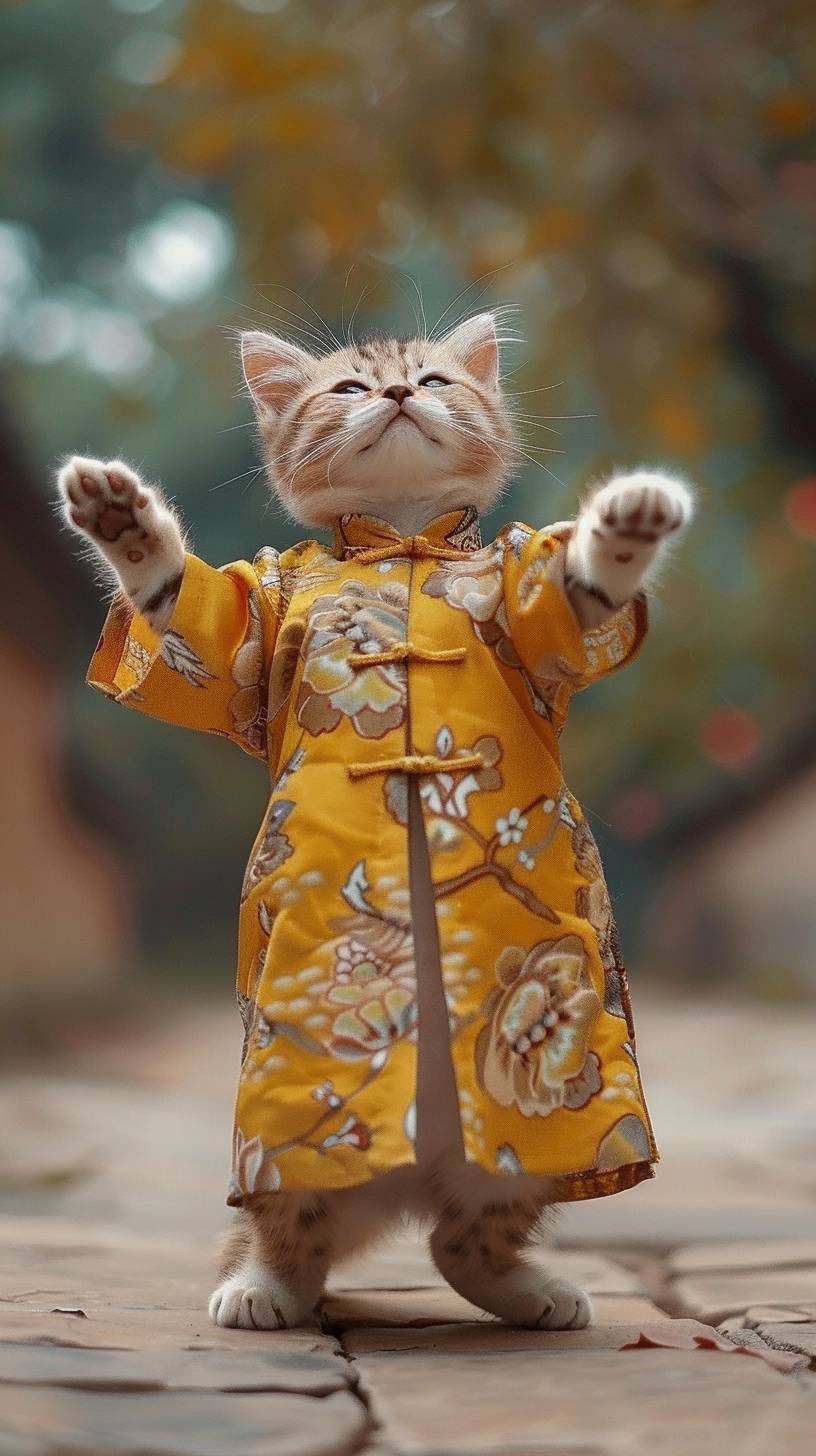 A humanoid kitty cat, standing on two feet and smiling at the camera, full body photo, Chinese Dresses for Women, very funny, standing pose, background is quite blurred, background is very hazy, video footage from Tiktok