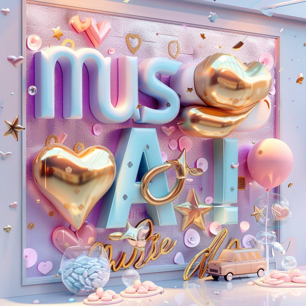 A whimsical and vibrant 3D artwork titled "musesAI" where each playful, colorful letter comes to life with a dazzling array of hues. The artwork is surrounded by charming decorative elements, such as gold stars, floating bubbles, lively cars, and heart-shaped confetti, creating an eye-catching and lively effect. The enchanting gradient backdrop transitions seamlessly from warm pink to cool purple, further enhancing the magical atmosphere. Displayed in an indoor space with a clean white ceiling and gray floor, this captivating masterpiece transforms the environment into a truly enchanting and magical experience. #Reflections Transparent Iridescent Colors -  v 6.0