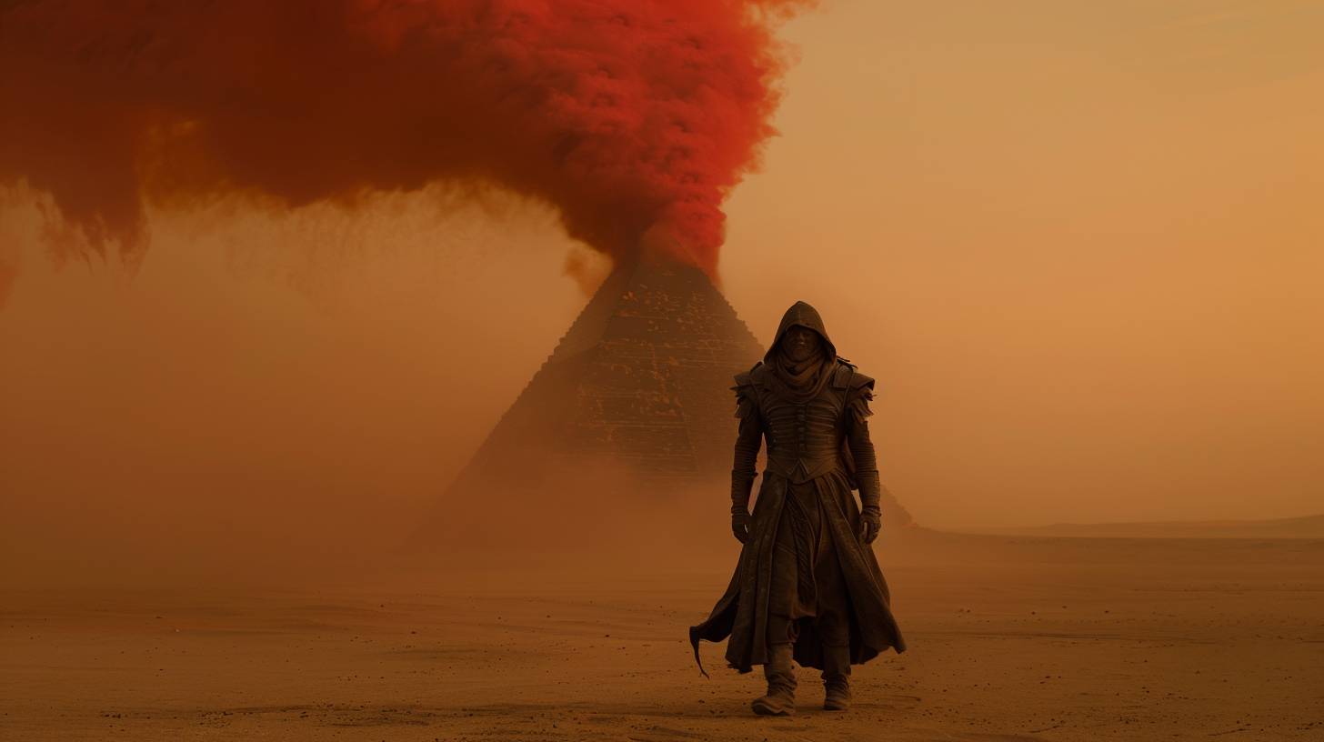 Wide shot of surreal smoke wafting composition by Andreas Levers, featuring a male cyborg elf in front of a huge pyramid-alike gold maroon white formation. The background consists of an alien abstract geometry by Andreas Gursky floating in mid-air, with a robe shaped and coloured by Shiho Aoshima. Includes subsurface scattering, play of shadow and light, and a very alien abstract geometry background by Kevin Mcneal and Peter Saville. Warm color grading and low contrast.