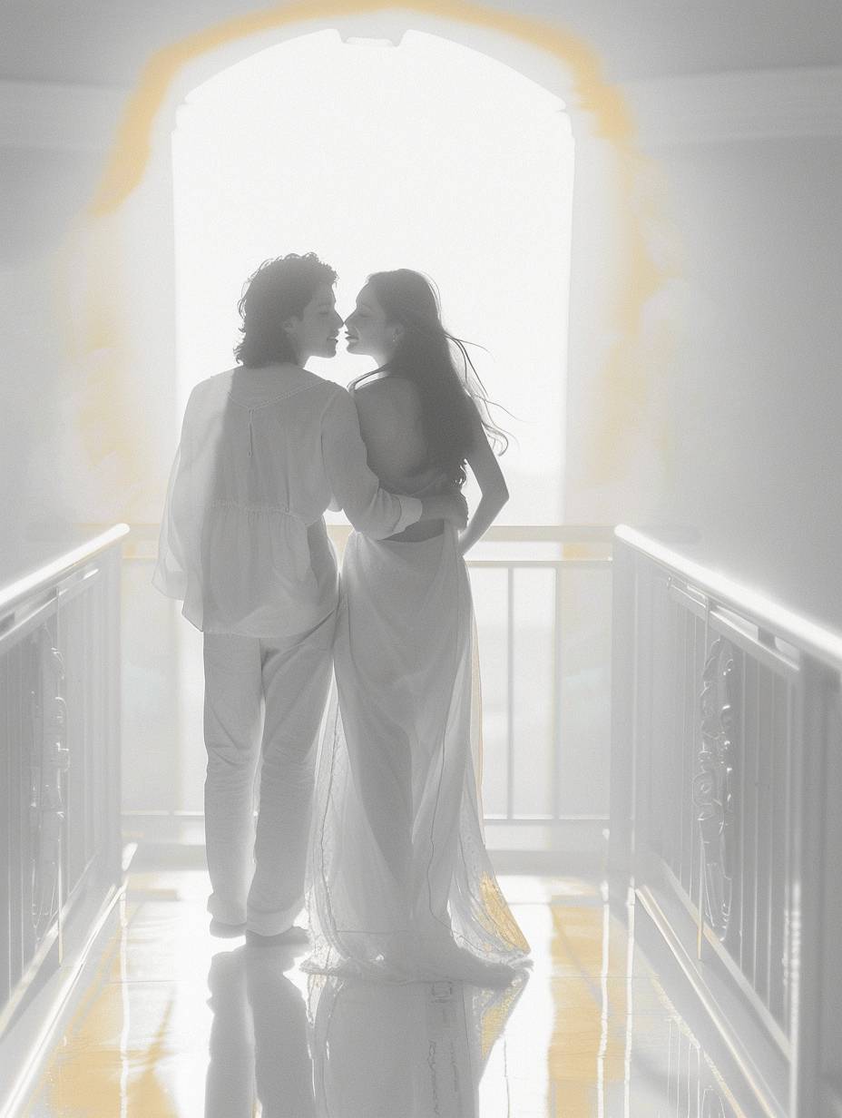 Pitch black image. Silhouette of a couple against bright background